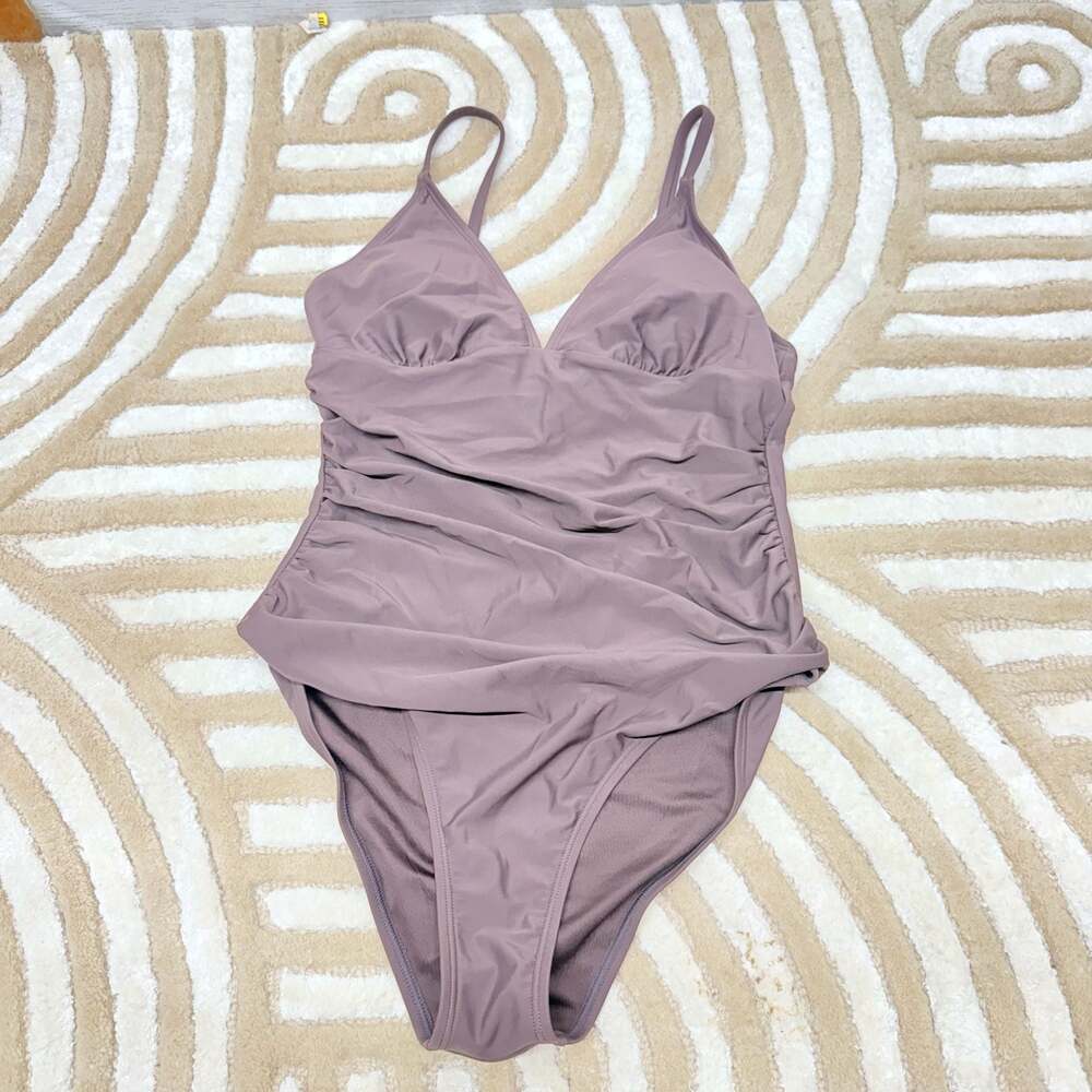 CUPSHE L Women's One Piece Swimsuit V Neck Ruched Bathing Suit brown